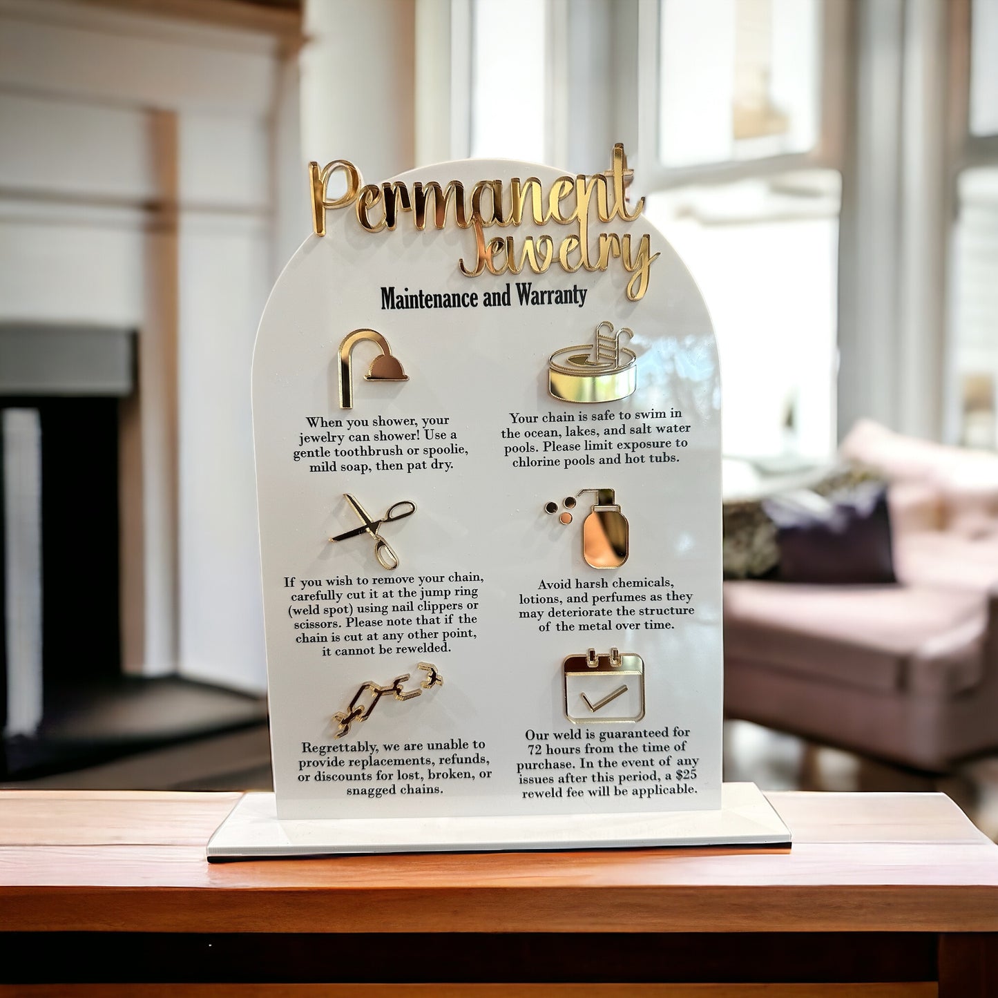 Permanent Jewelry Tabletop Warranty and Care Sign $20 Fee