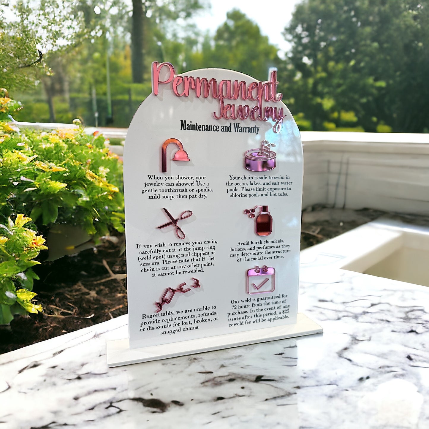 Permanent Jewelry Tabletop Warranty and Care Sign $25 Fee
