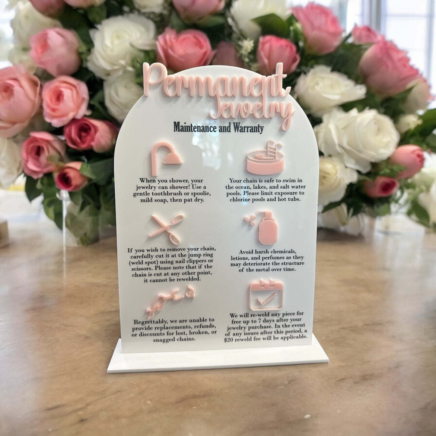 Permanent Jewelry Tabletop Warranty and Care Sign $25 Fee