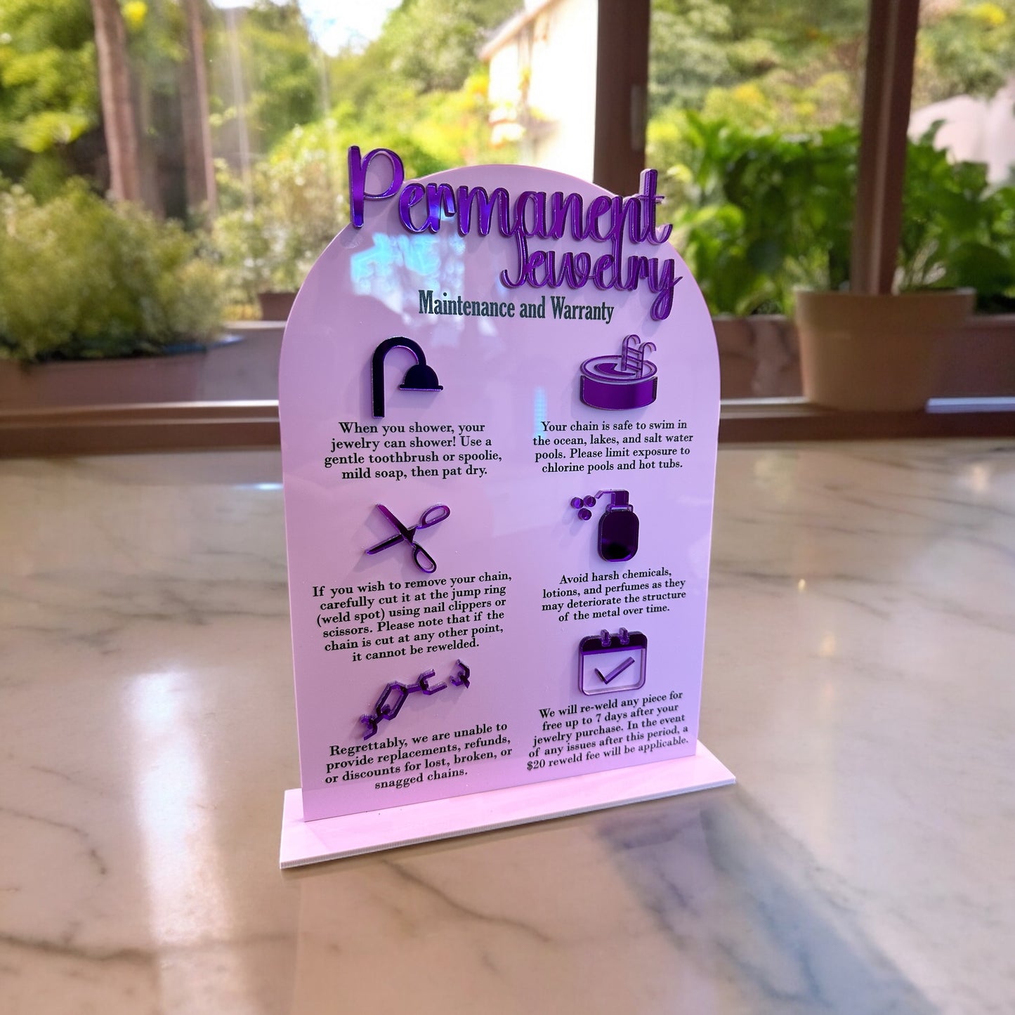 Permanent Jewelry Tabletop Warranty and Care Sign $25 Fee