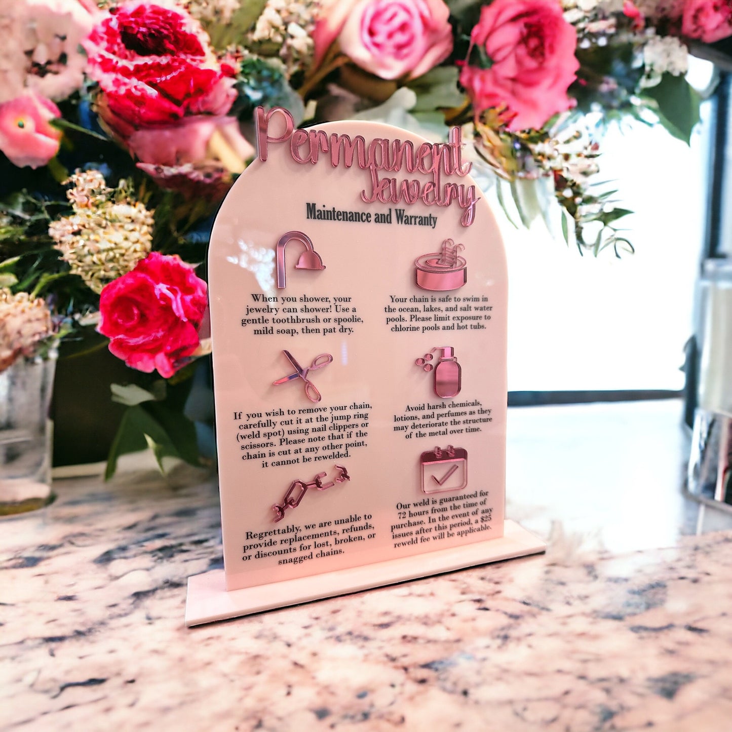 Permanent Jewelry Tabletop Warranty and Care Sign $20 Fee