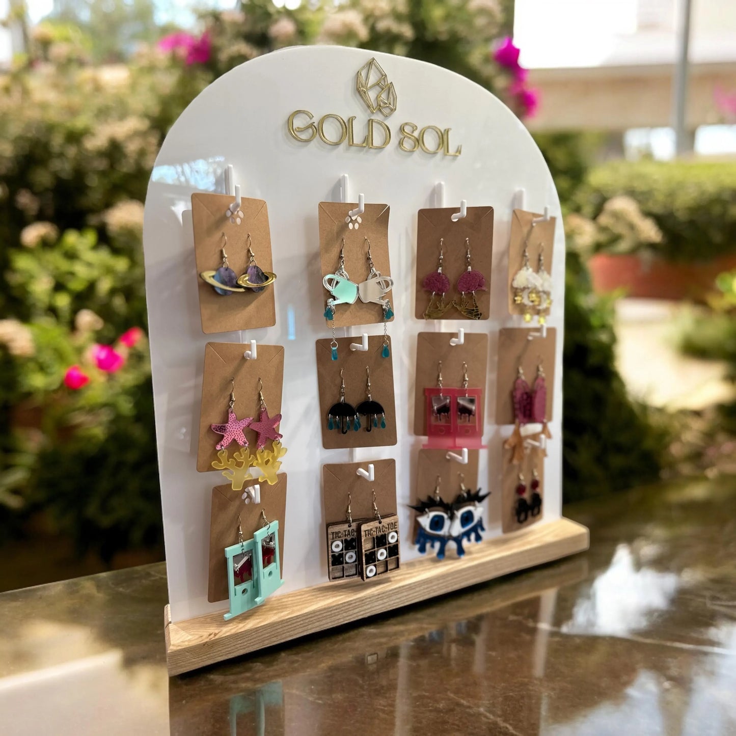 Earring Display with 12 Hooks and Wooden Base