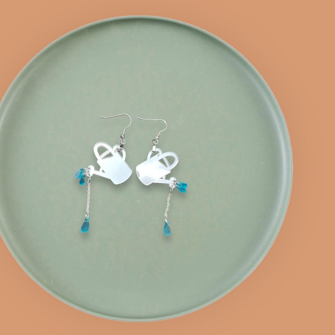 Watering Can acrylic earrings - Mirror and reflective dangles, statement earring, chains