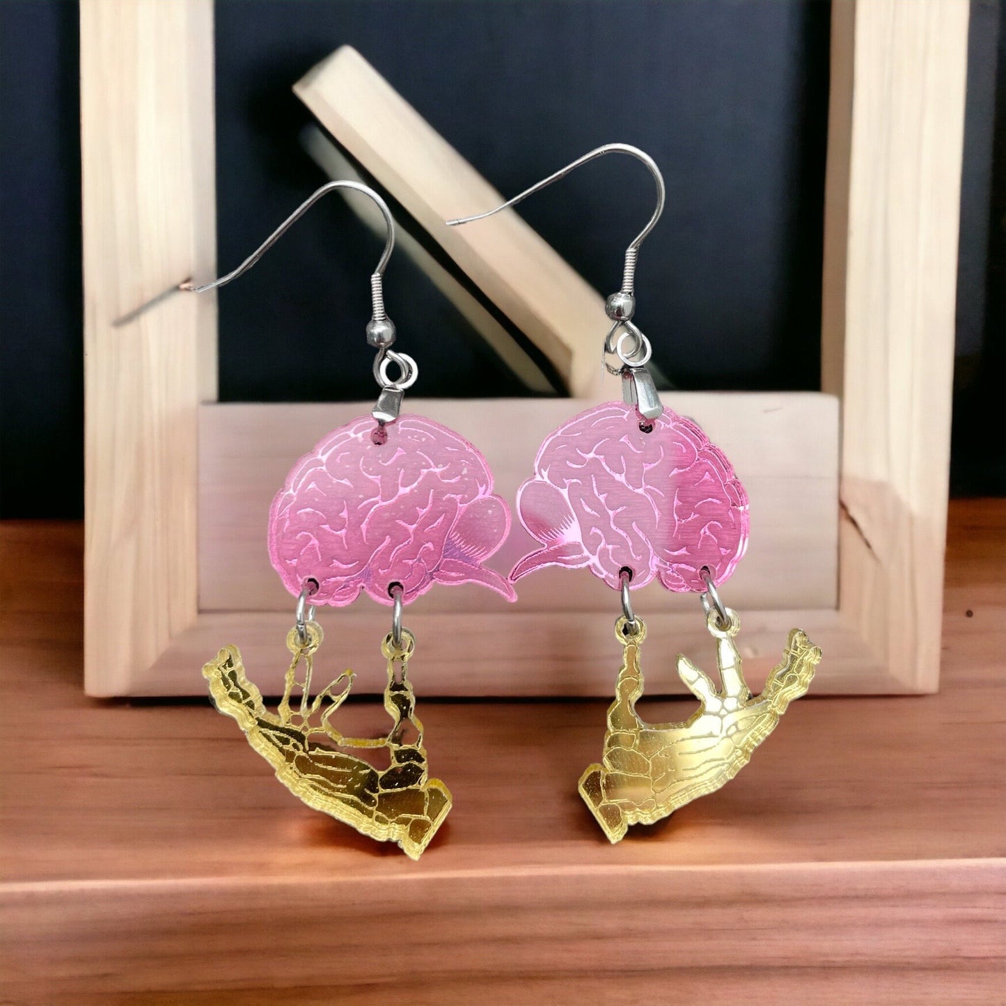 Skeleton hands with Brain Dangle Earrings, Halloween Acrylic Jewelry, Unique spooky earring