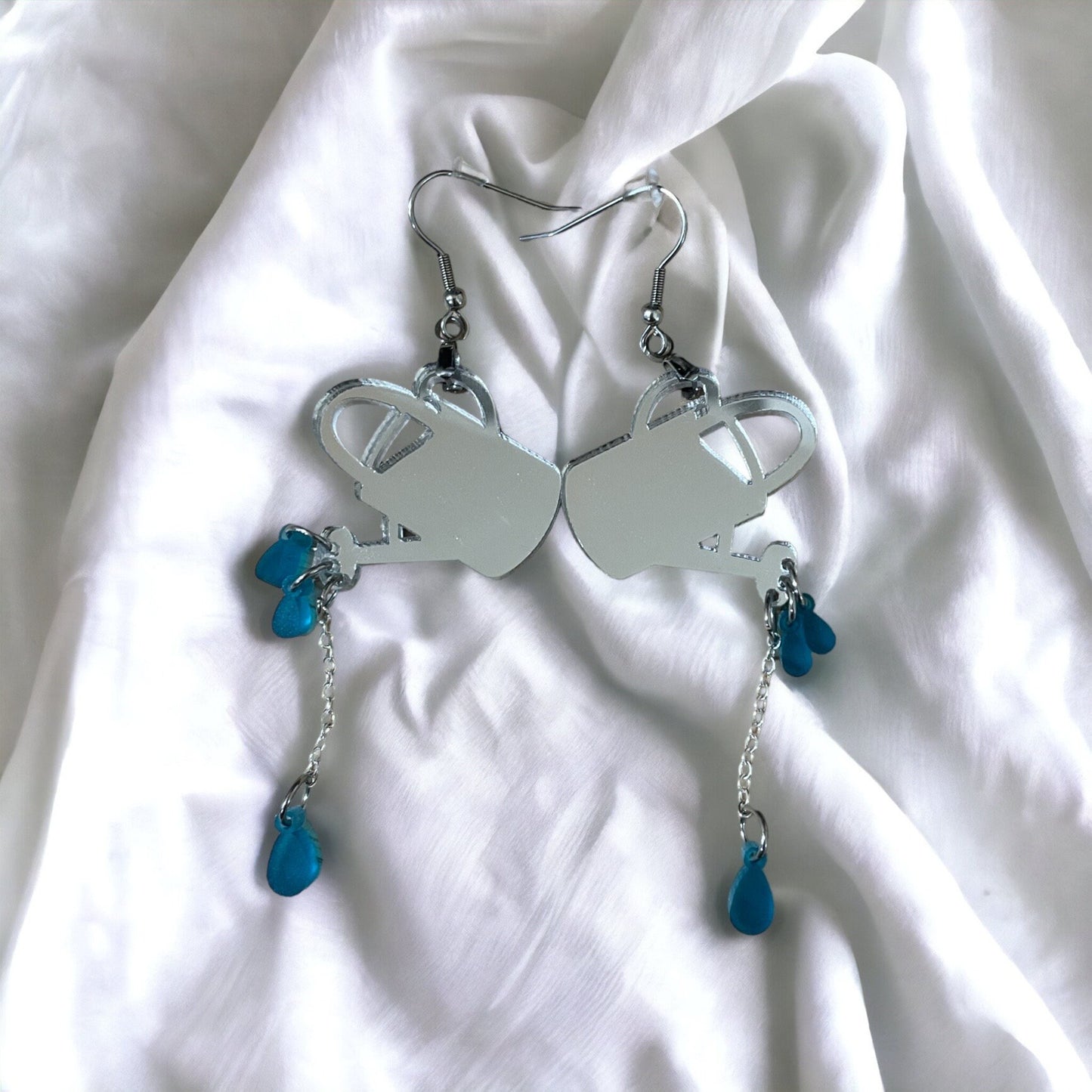 Watering Can acrylic earrings - Mirror and reflective dangles, statement earring, chains