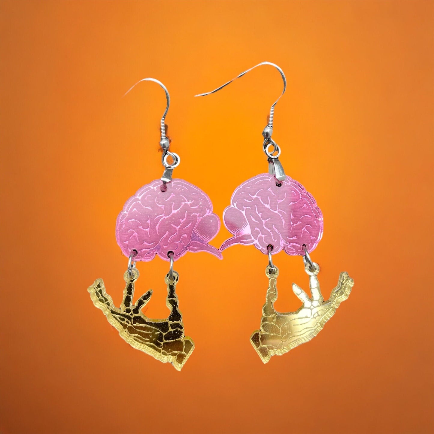 Skeleton hands with Brain Dangle Earrings, Halloween Acrylic Jewelry, Unique spooky earring