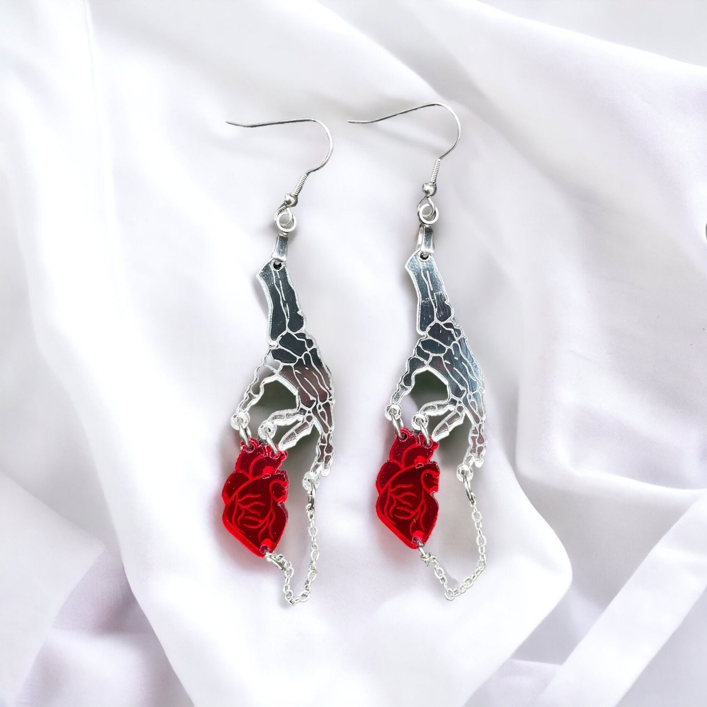 Skeleton Hands Holding Heart Earrings, Acrylic Jewelry, Handmade Acrylic dangle Halloween Earring