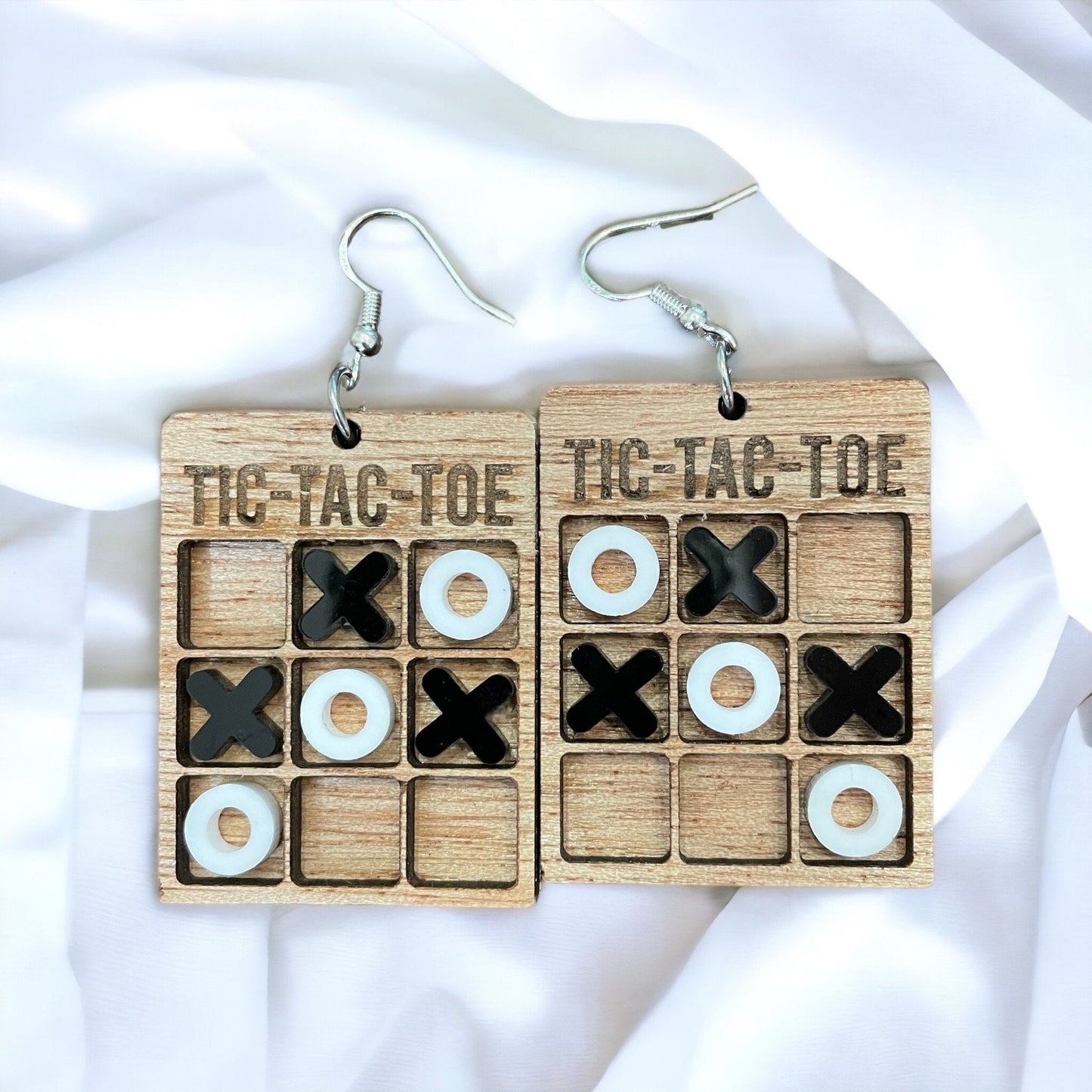 Tic Tac Toe miniature earrings, dangle wood and acrylic unique earring, teacher, mini