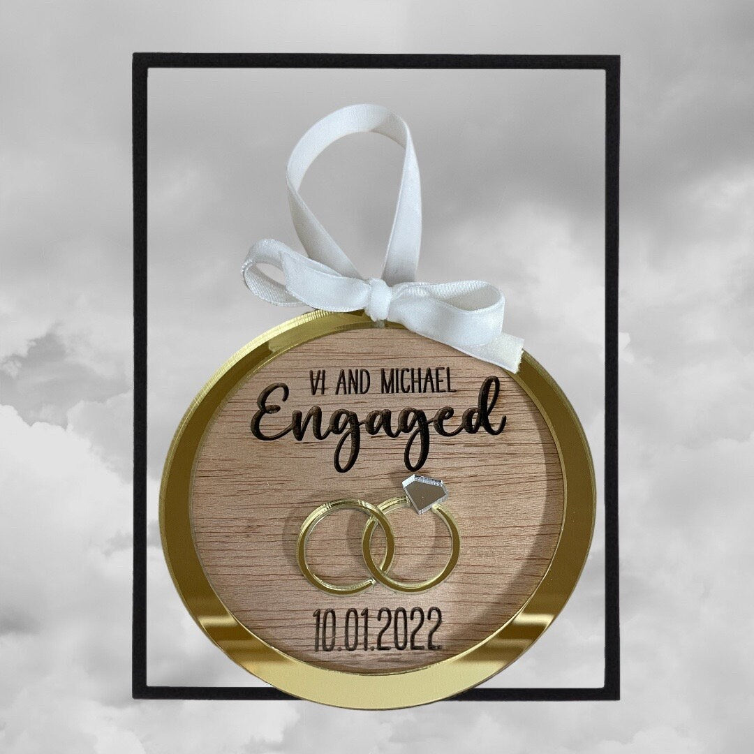 Engaged Ornament, Acrylic and Wood Married Hanging Decoration, Memory Ornament, Mirror Acrylic Wedding Rings
