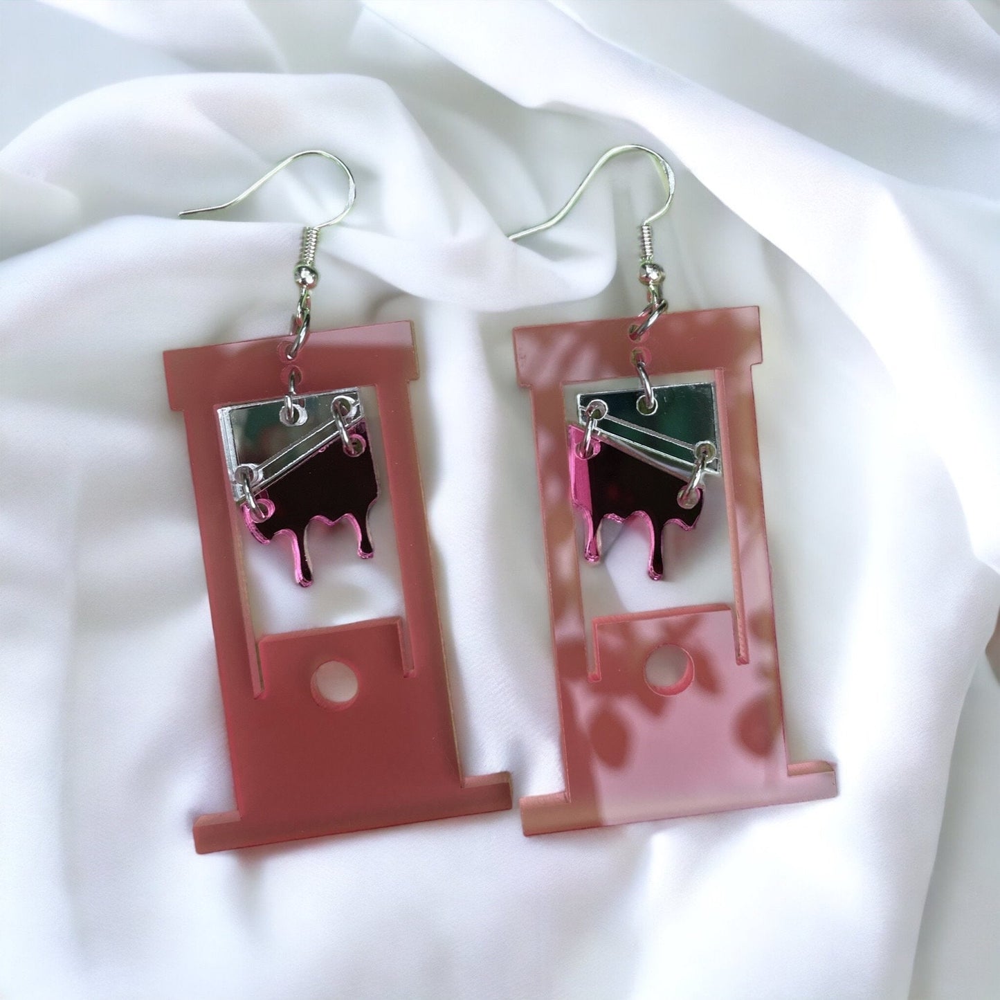 Pink Guillotine Earrings, Acrylic Laser Cut Earrings, Handmade, Frosted Pink, Pink Blood, Halloween