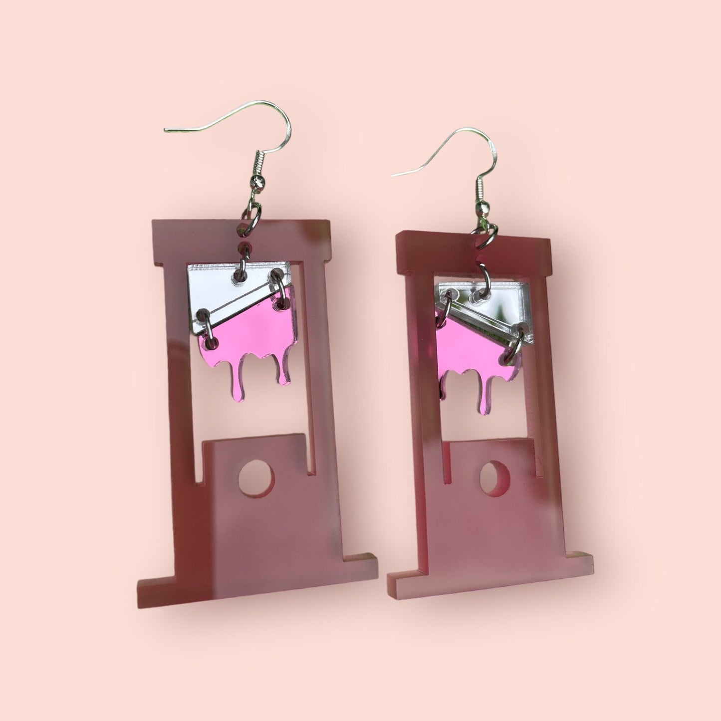 Pink Guillotine Earrings, Acrylic Laser Cut Earrings, Handmade, Frosted Pink, Pink Blood, Halloween