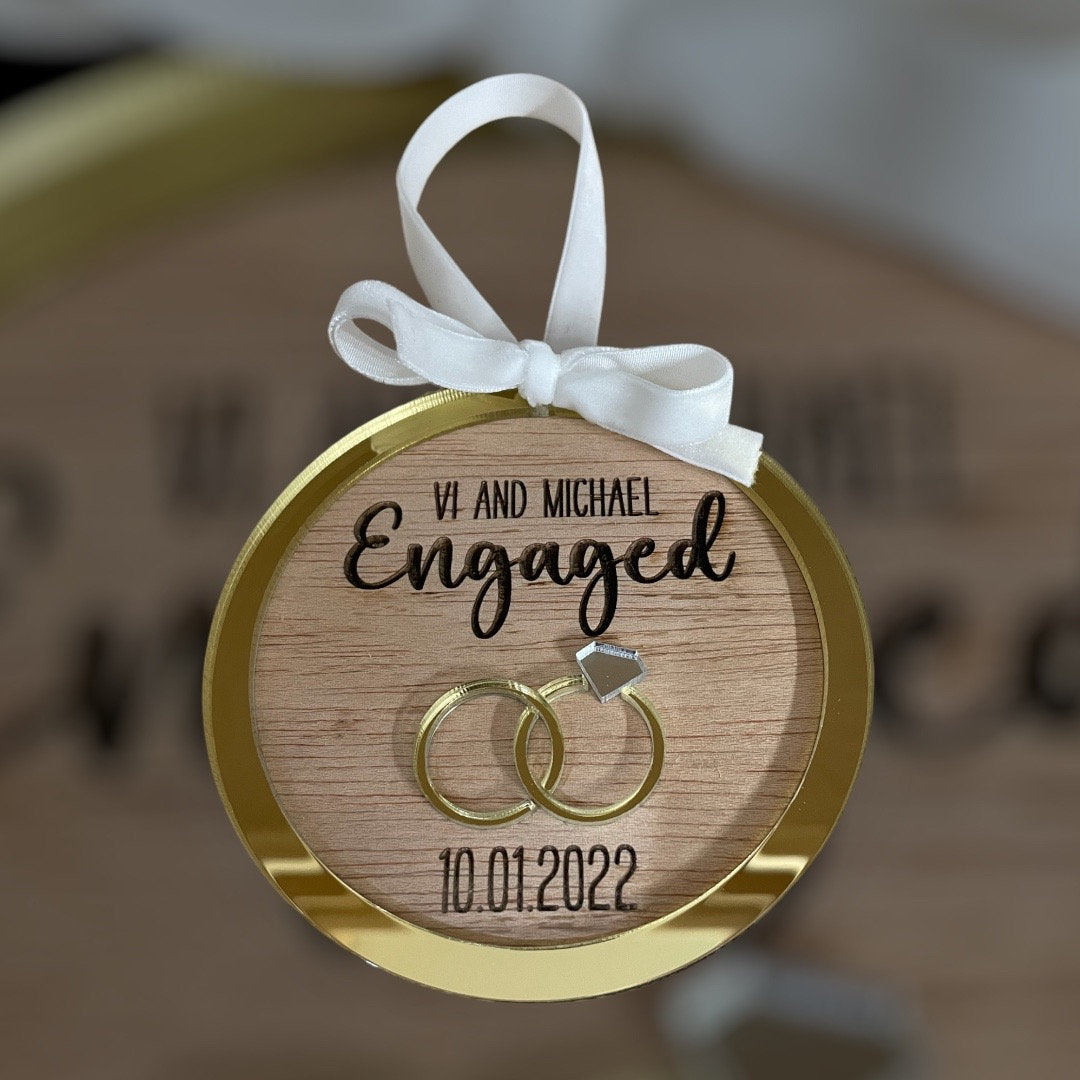 Engaged Ornament, Acrylic and Wood Married Hanging Decoration, Memory Ornament, Mirror Acrylic Wedding Rings