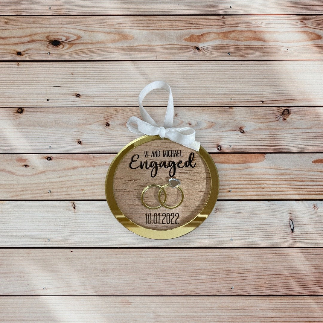 Engaged Ornament, Acrylic and Wood Married Hanging Decoration, Memory Ornament, Mirror Acrylic Wedding Rings