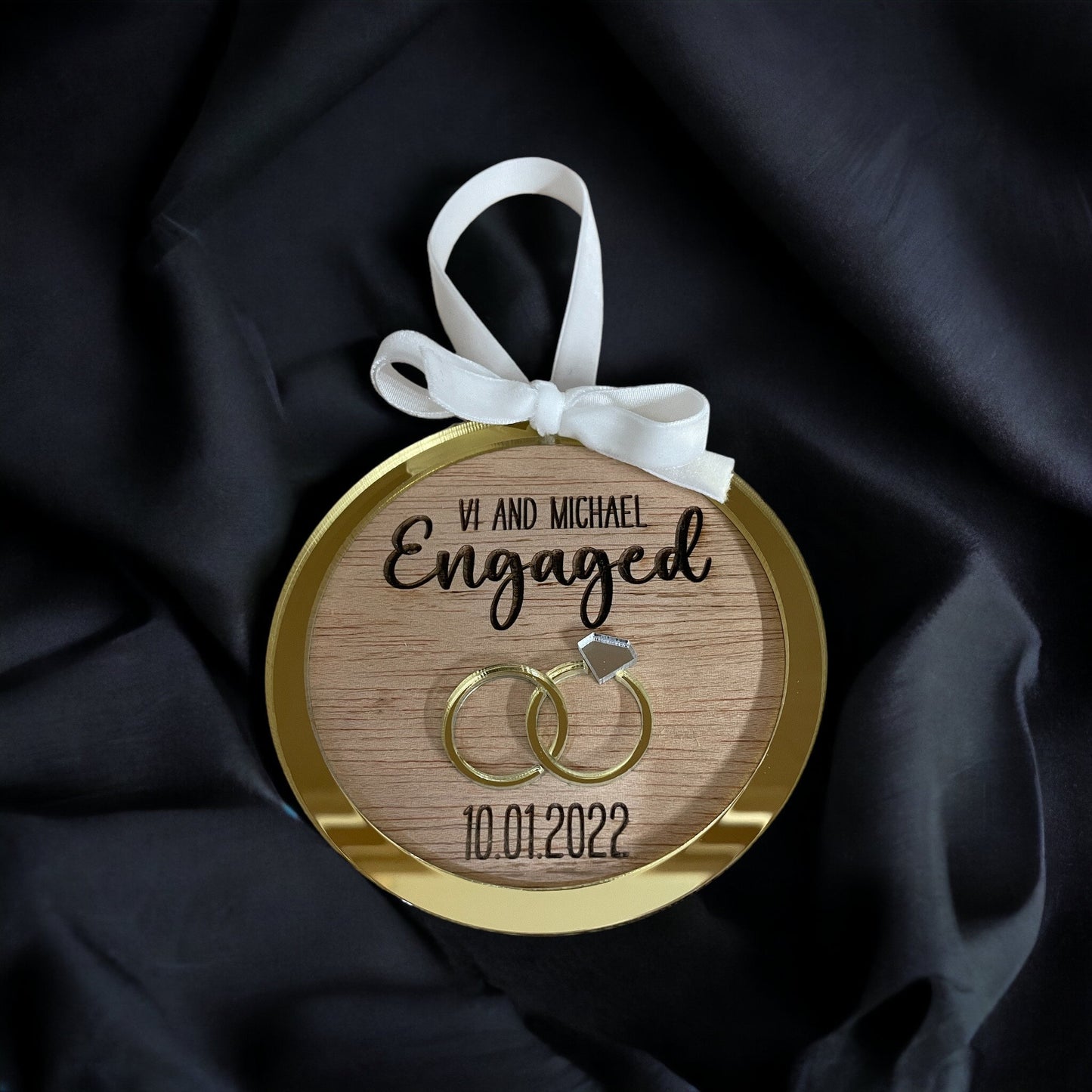 Engaged Ornament, Acrylic and Wood Married Hanging Decoration, Memory Ornament, Mirror Acrylic Wedding Rings
