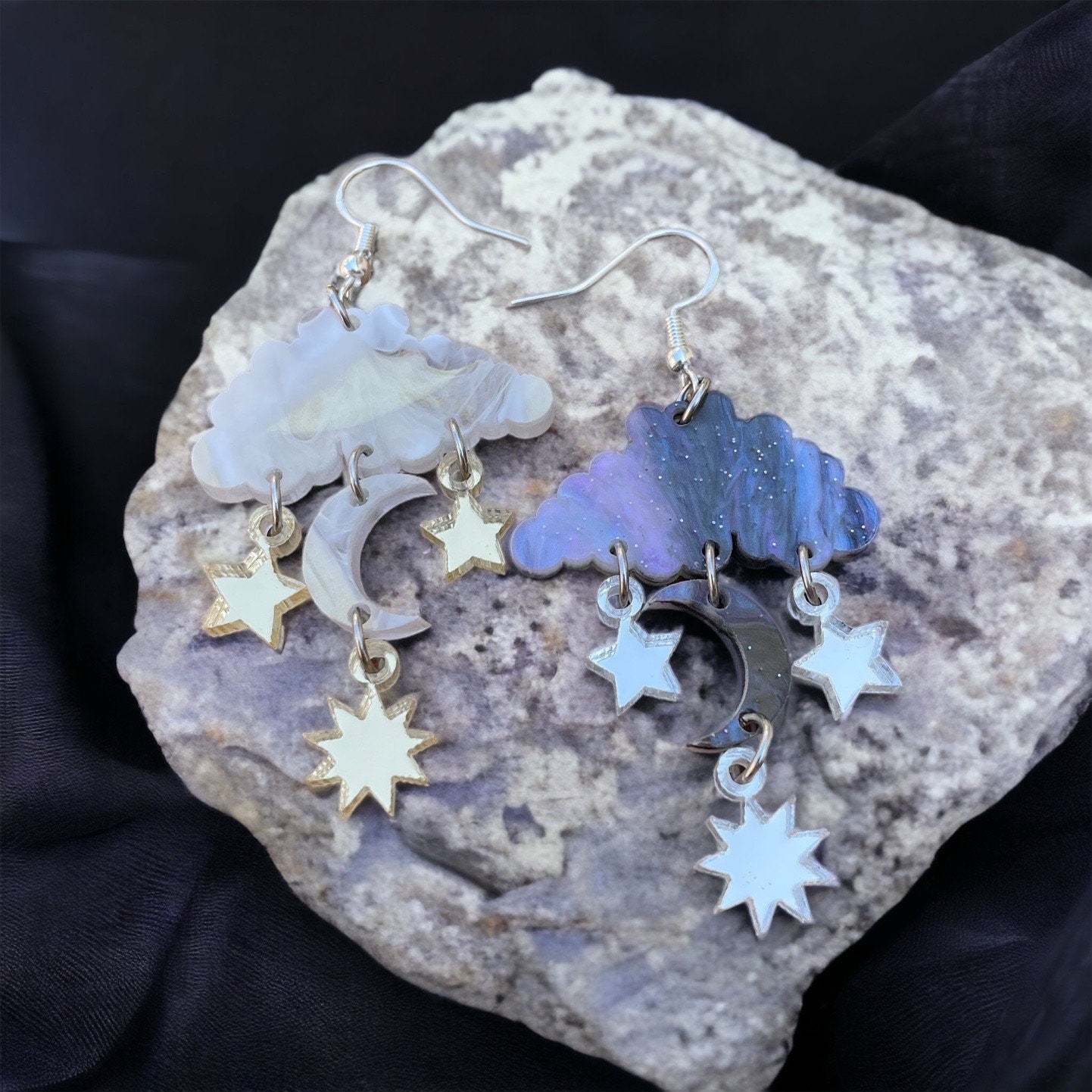 Light and Dark Cloud Earrings, Acrylic Dangles with Mirror Shine, Moon, Sun, and Stars Charms, Raindrop Earrings, Handmade, Laser Cut