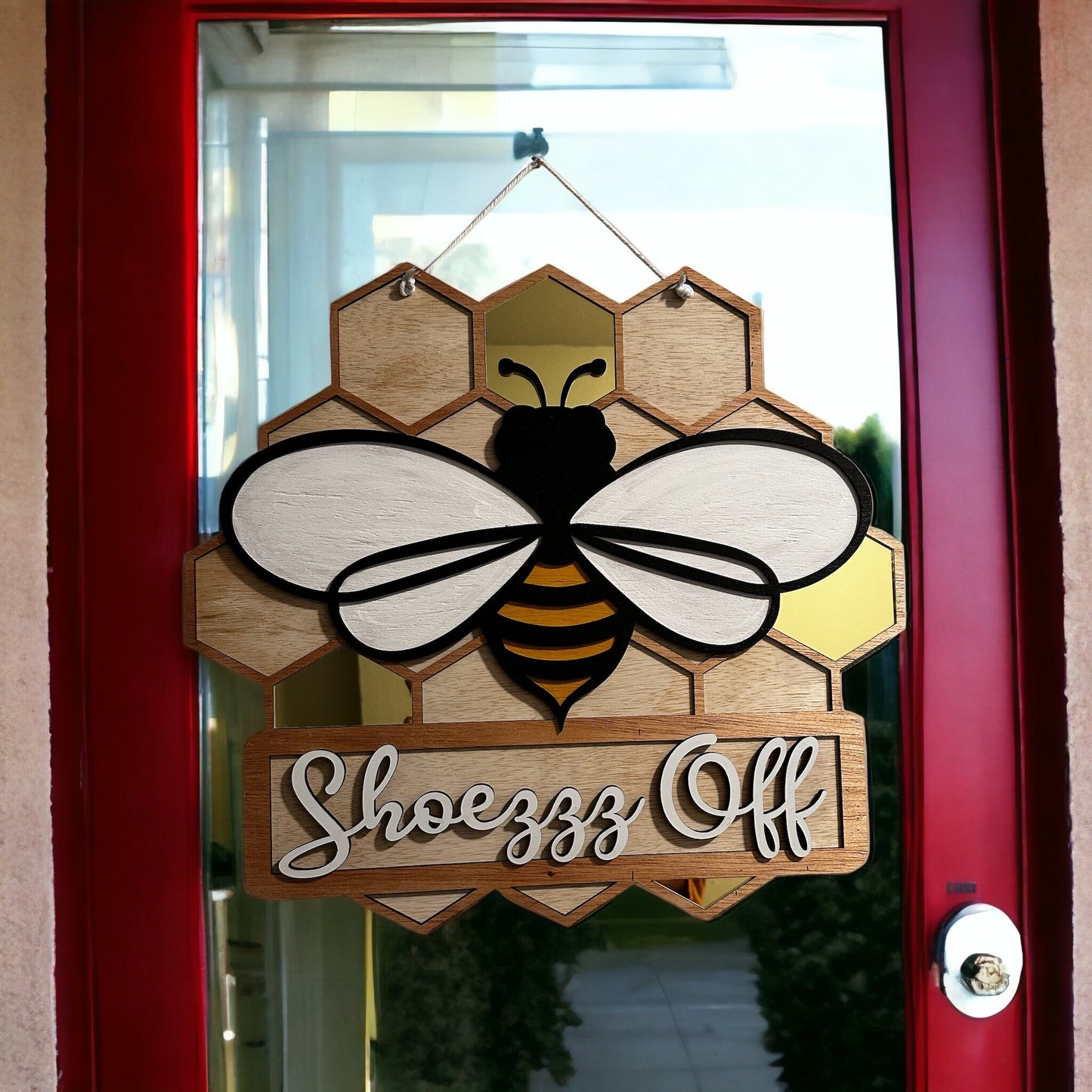 Door Hanging Bee Sign Shoes Off, Wooden Sign, Door Hanger, Cute Summer, Fall, Bumble Bee