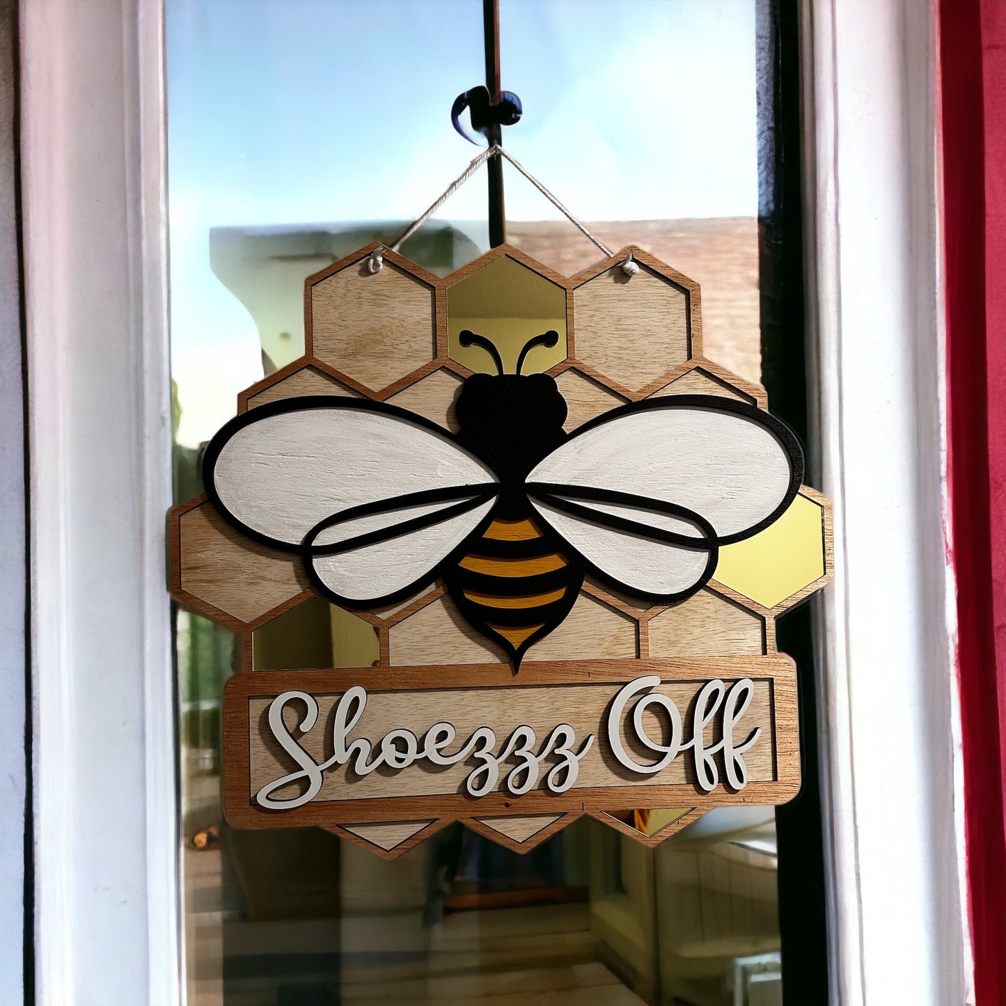 Door Hanging Bee Sign Shoes Off, Wooden Sign, Door Hanger, Cute Summer, Fall, Bumble Bee