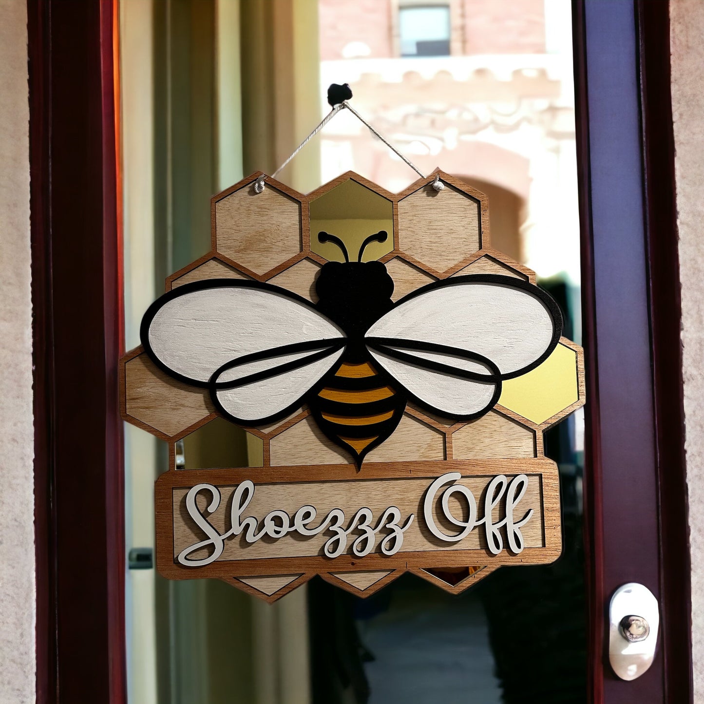 Door Hanging Bee Sign Shoes Off, Wooden Sign, Door Hanger, Cute Summer, Fall, Bumble Bee