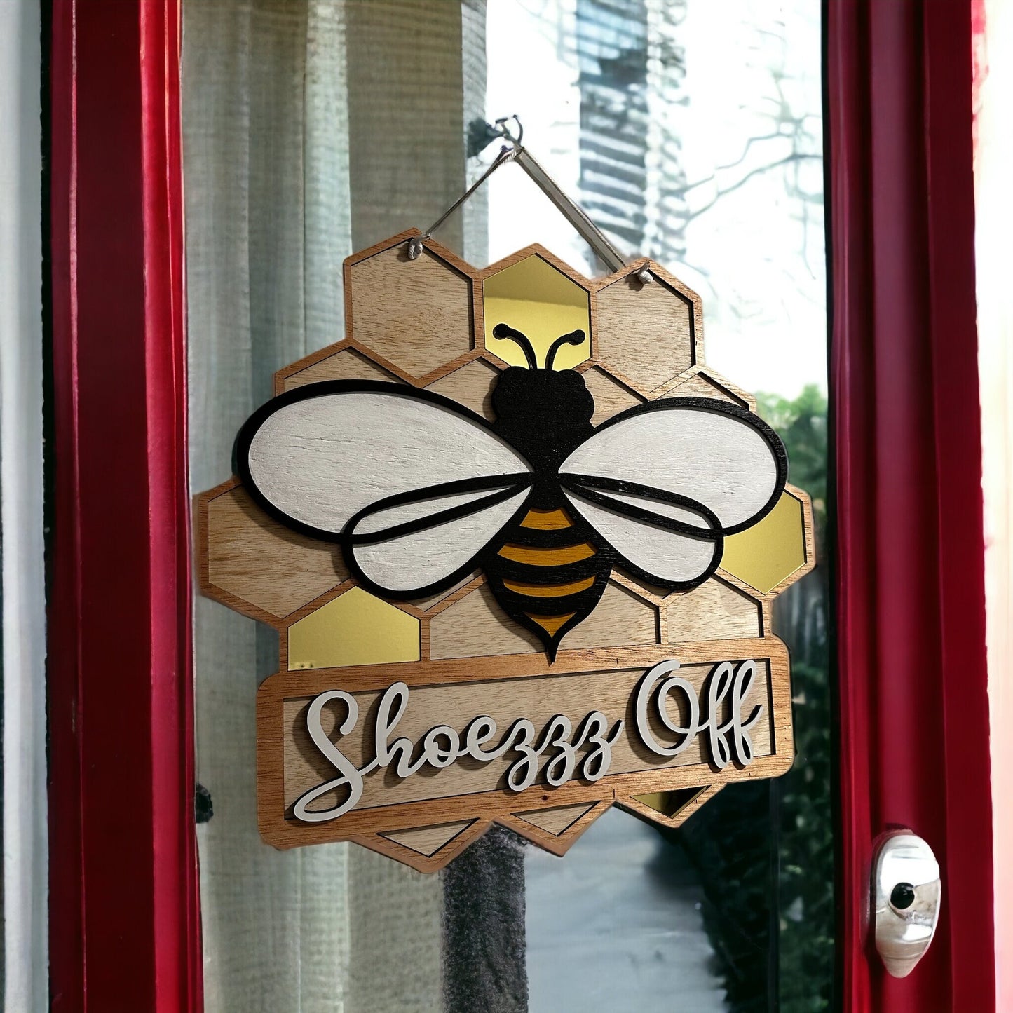 Door Hanging Bee Sign Shoes Off, Wooden Sign, Door Hanger, Cute Summer, Fall, Bumble Bee