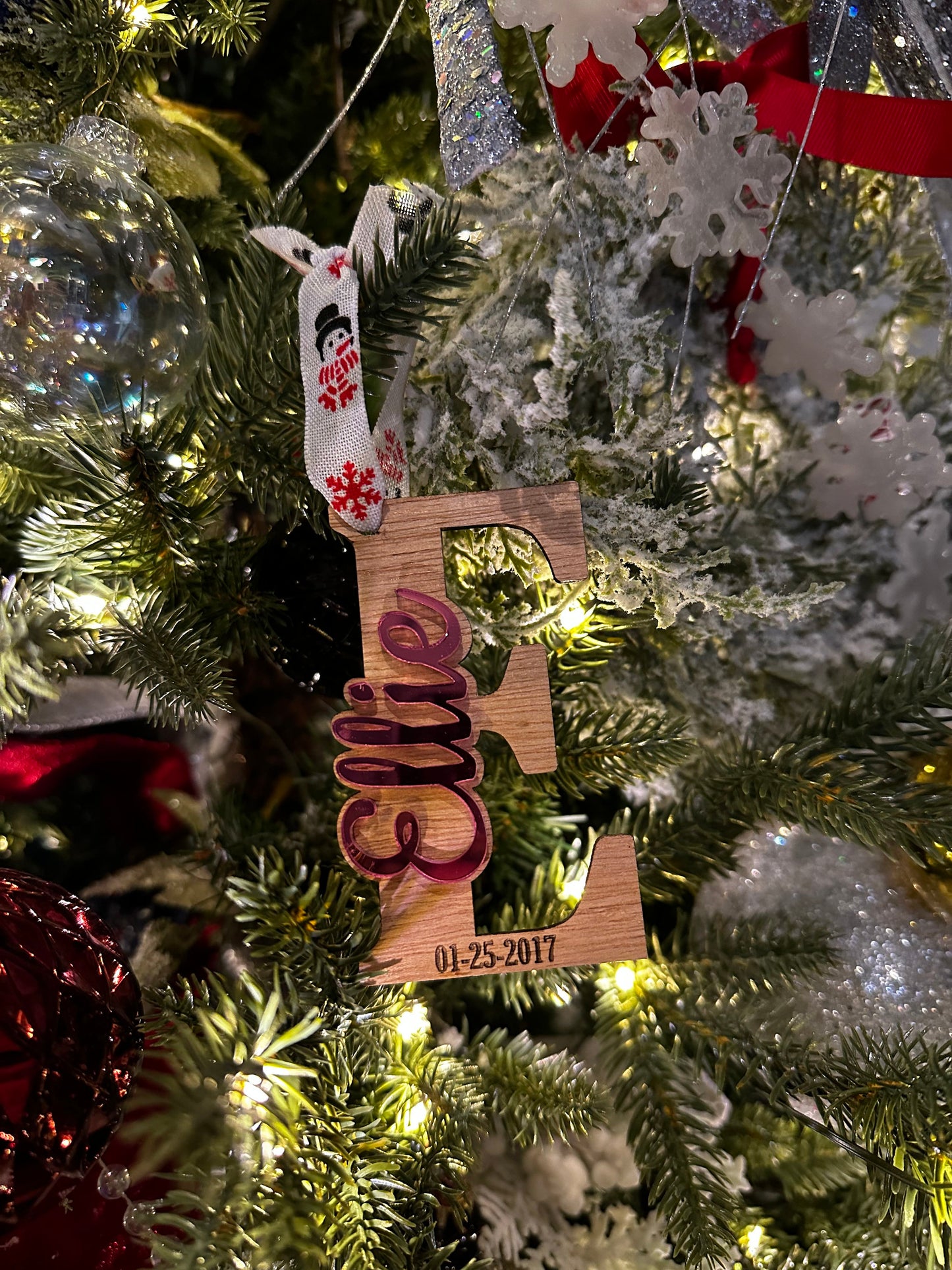 Wood and Acrylic Personalized Name Ornament with Birthday or Special Date, Christmas Tree, Holiday Ornament