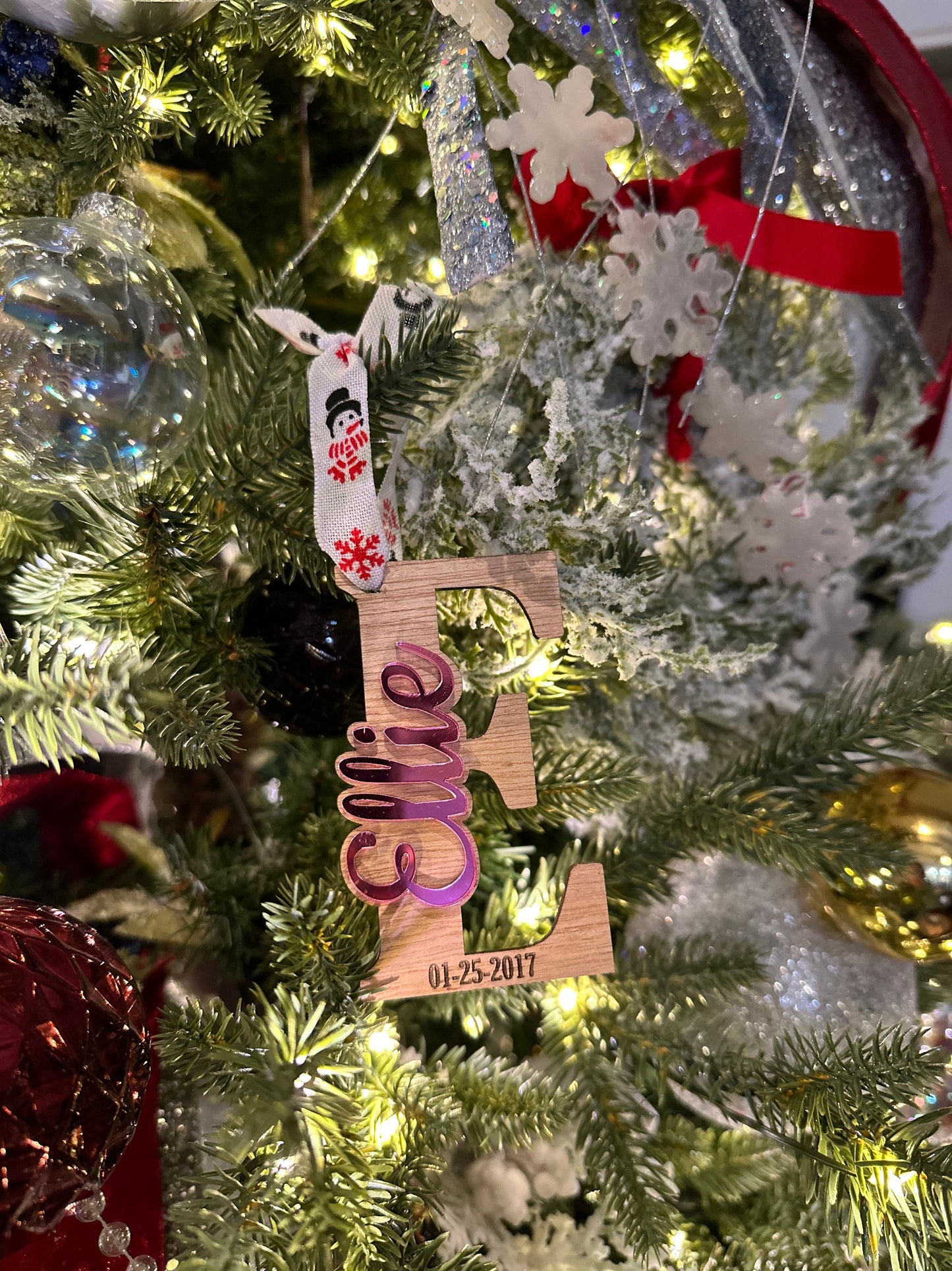 Wood and Acrylic Personalized Name Ornament with Birthday or Special Date, Christmas Tree, Holiday Ornament