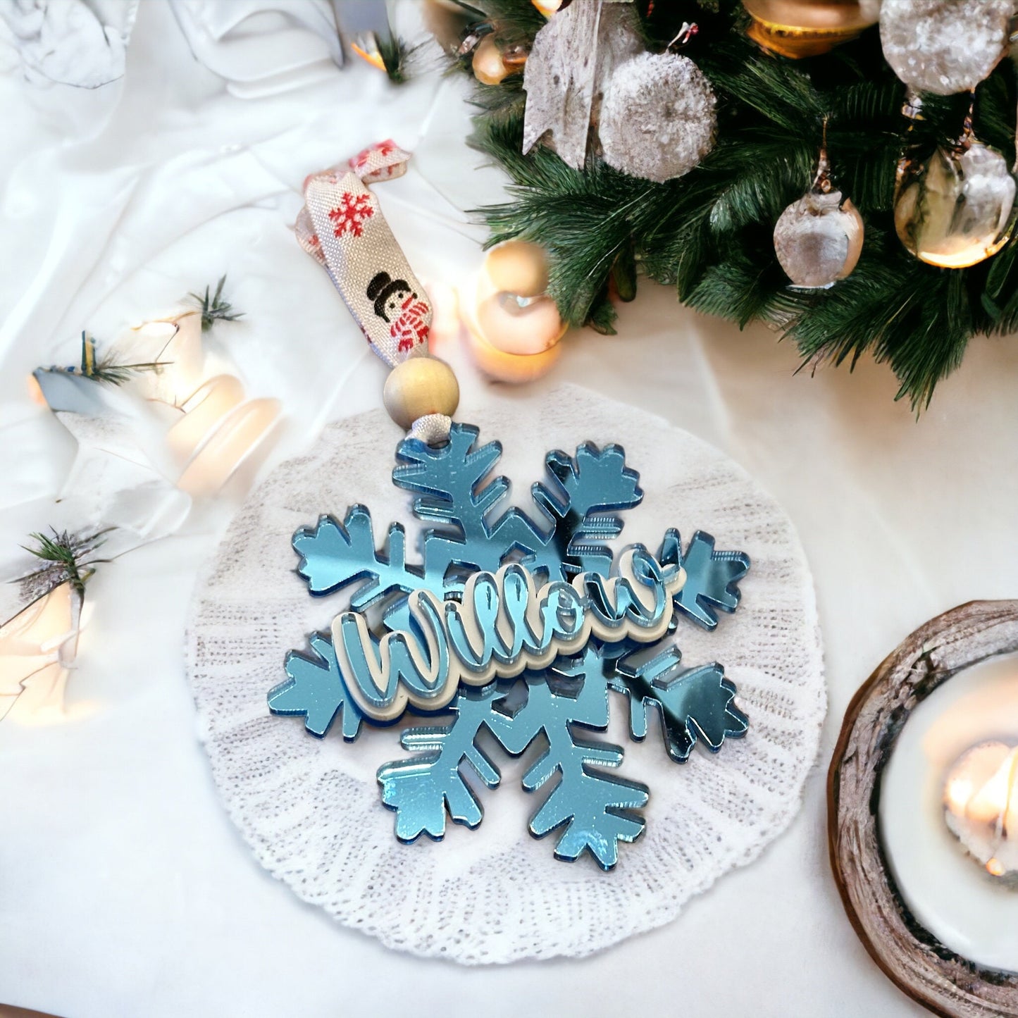 Mirror Acrylic Christmas Tree Ornament with Kids, Family, Pet Names, Beaded Ornament, Laser Cut Personalized Ornament