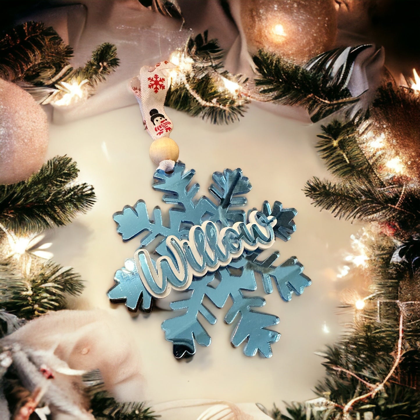 Mirror Acrylic Christmas Tree Ornament with Kids, Family, Pet Names, Beaded Ornament, Laser Cut Personalized Ornament