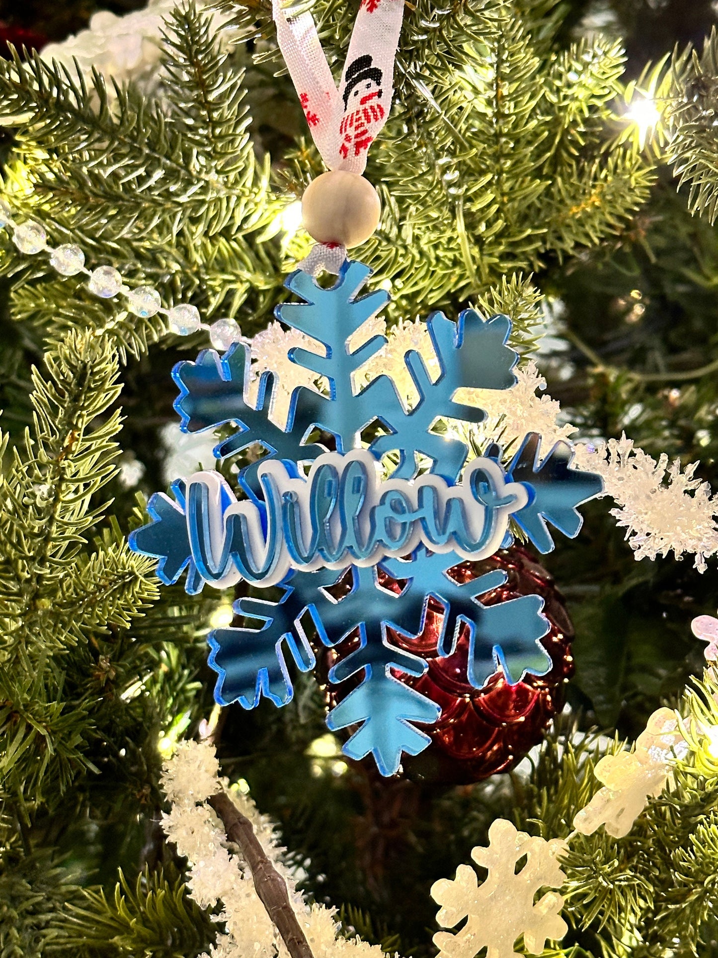Mirror Acrylic Christmas Tree Ornament with Kids, Family, Pet Names, Beaded Ornament, Laser Cut Personalized Ornament