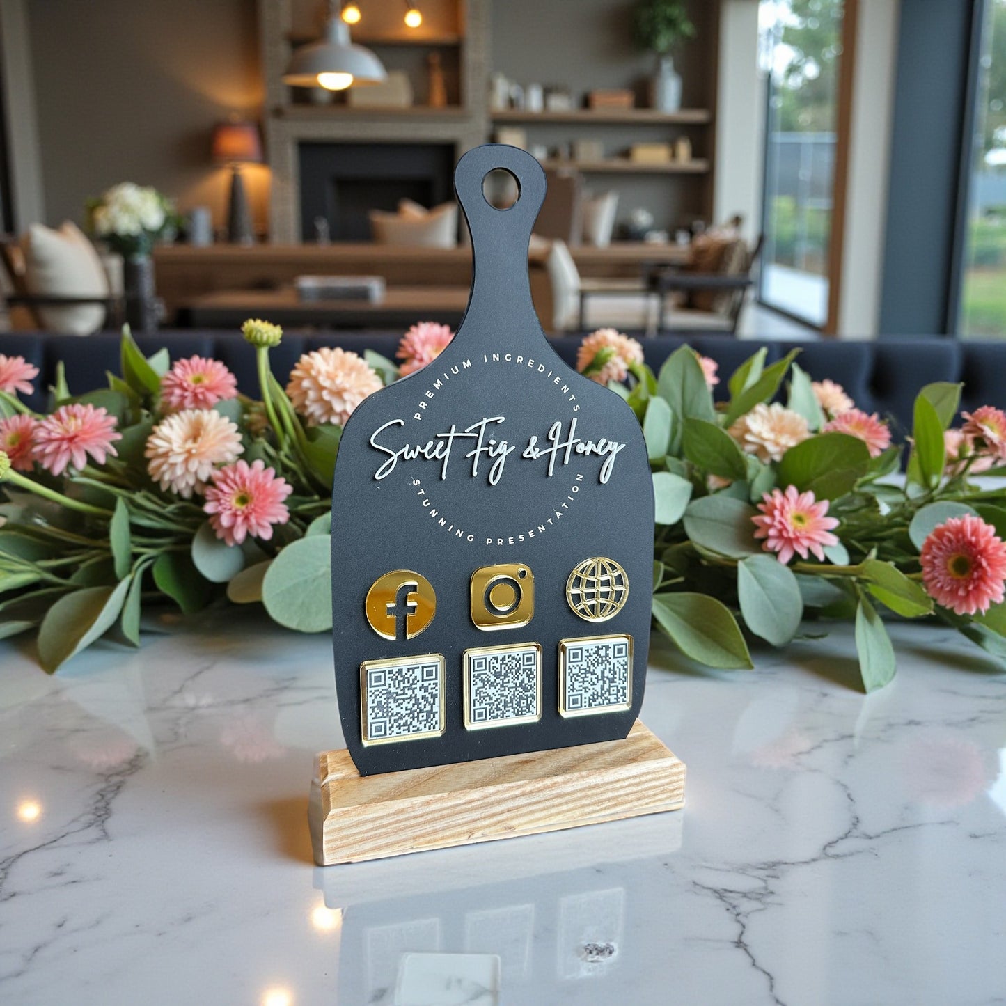 Charcuterie Board QR Code Sign with Three QR Codes and Wood Base