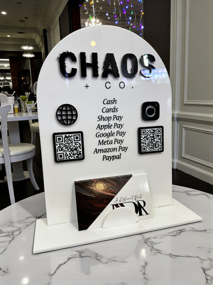 Arched Sign with Two QR Codes and Business Card Holder