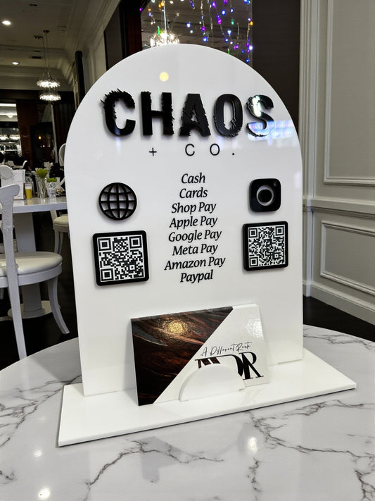 Arched Sign with Two QR Codes and Business Card Holder