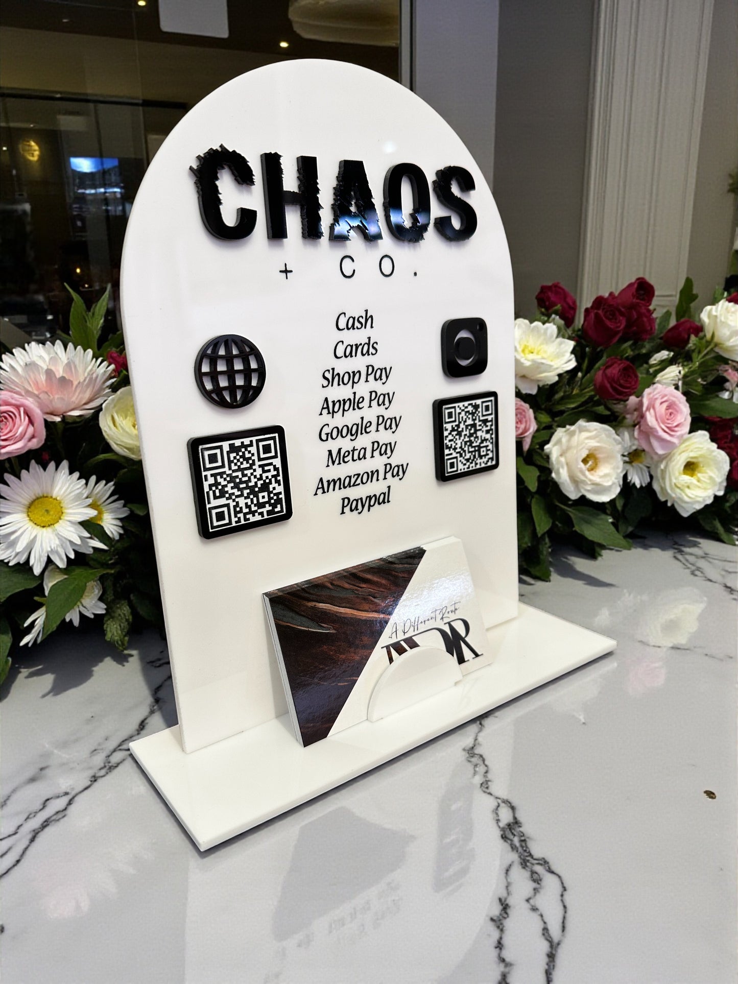 Arched Sign with Two QR Codes and Business Card Holder