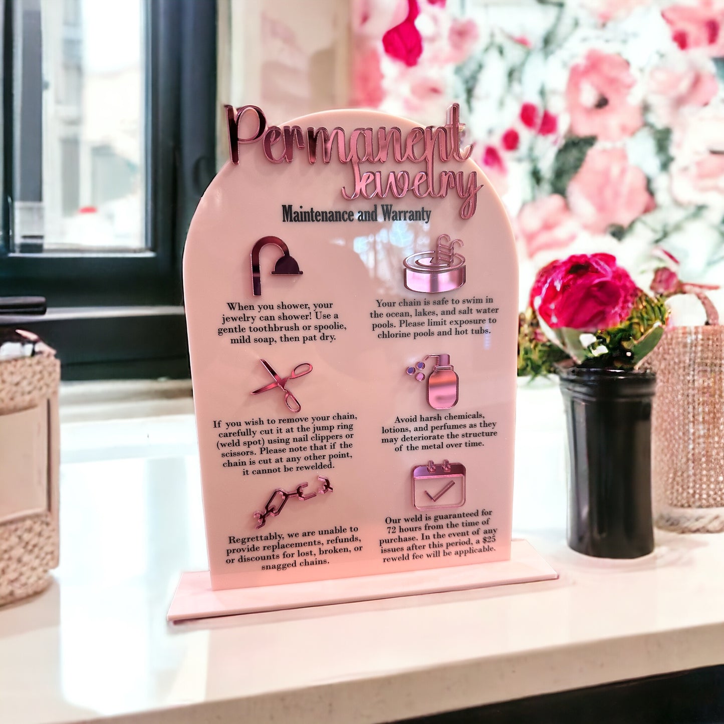 Permanent Jewelry Tabletop Warranty and Care Sign $25 Fee