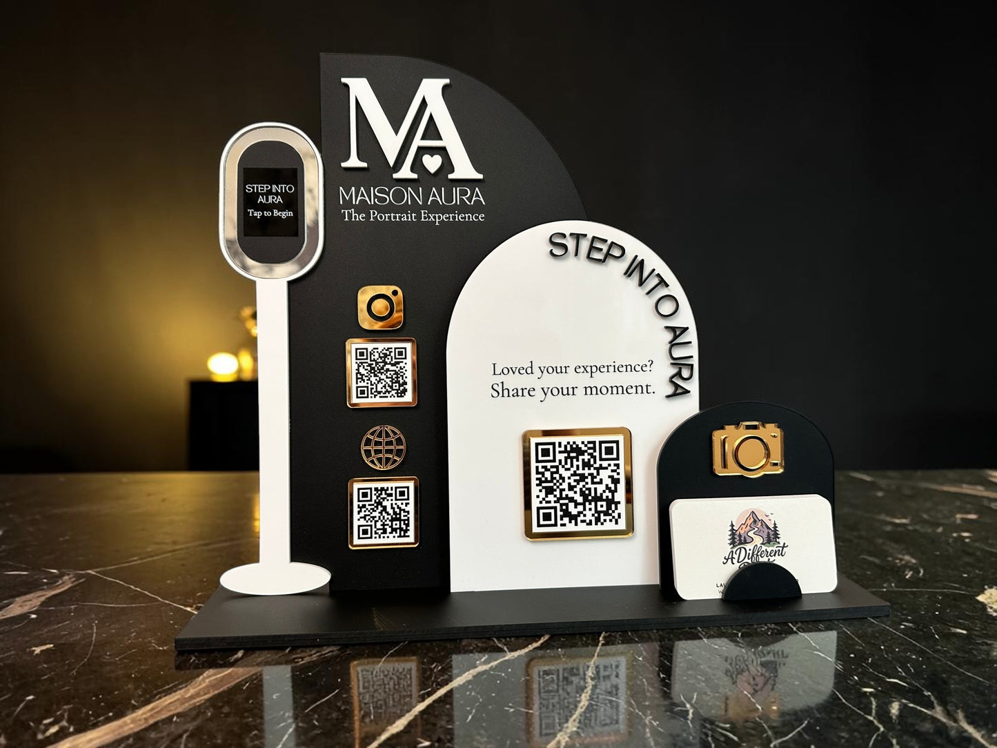 Triple Arch Photobooth Three QR Code Display with Business Card Holder (Wording on screen)