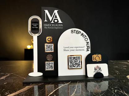 Triple Arch Photobooth Three QR Code Display with Business Card Holder (Wording on screen)