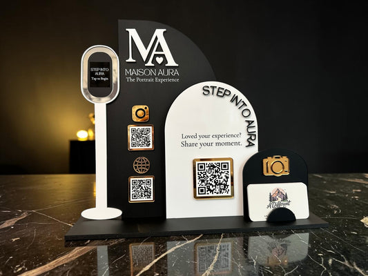 Triple Arch Photobooth Three QR Code Display with Business Card Holder (Wording on screen)