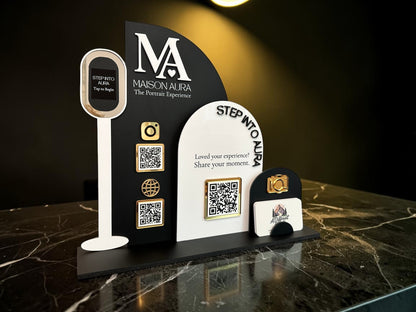 Triple Arch Photobooth Three QR Code Display with Business Card Holder (Wording on screen)