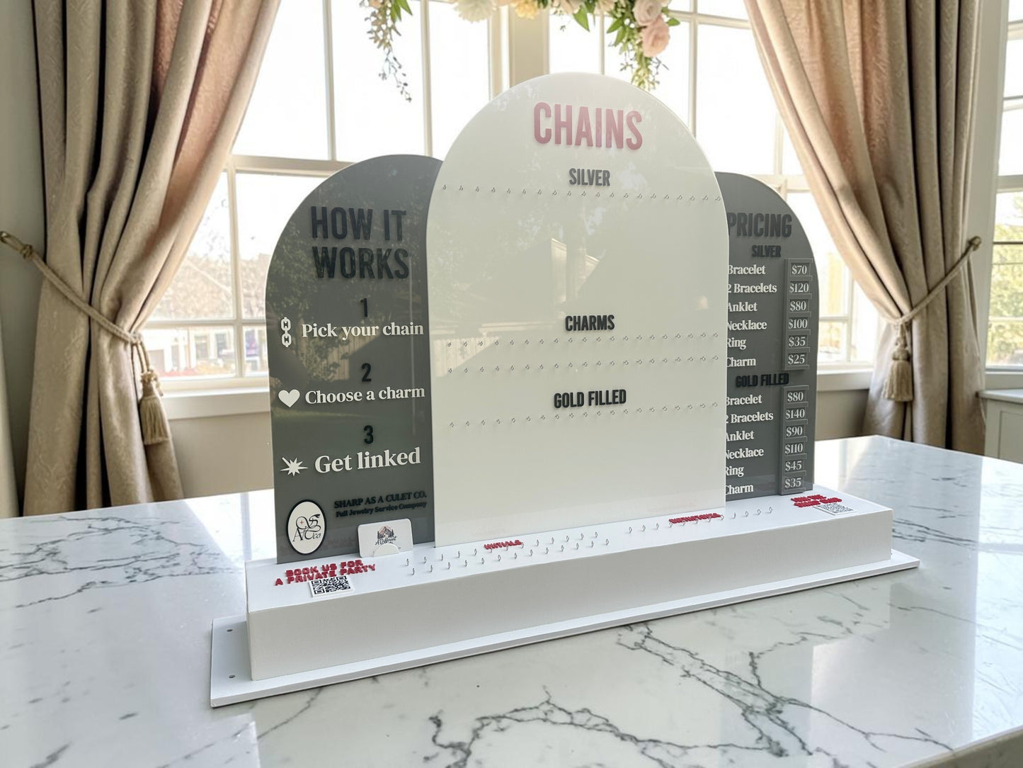 Large Permanent Jewelry Display Stand with Chain Board,  Interchangeable Pricing & How-It-Works Panels