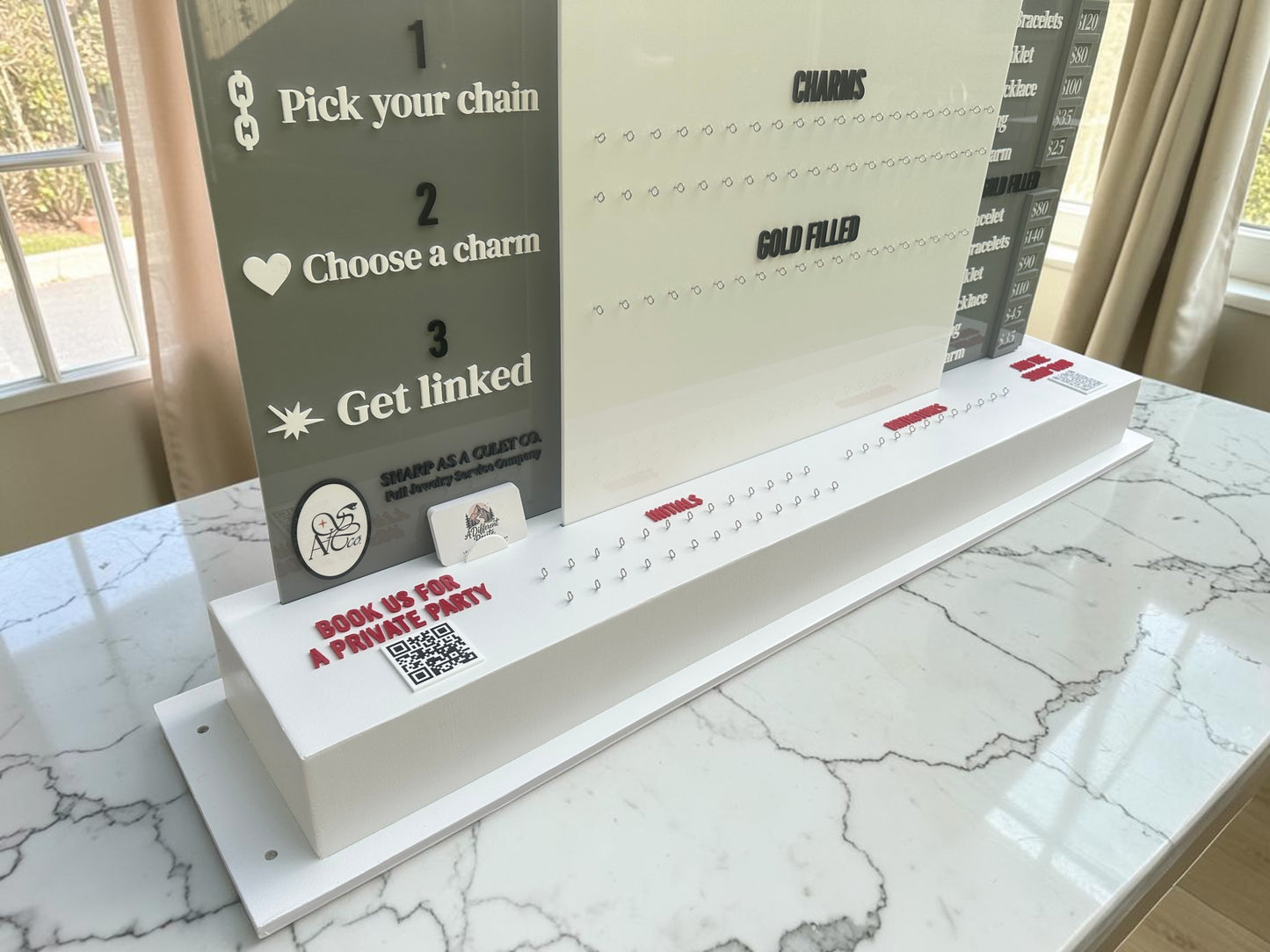 Large Permanent Jewelry Display Stand with Chain Board,  Interchangeable Pricing & How-It-Works Panels