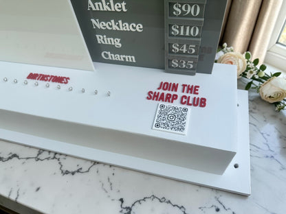 Large Permanent Jewelry Display Stand with Chain Board,  Interchangeable Pricing & How-It-Works Panels