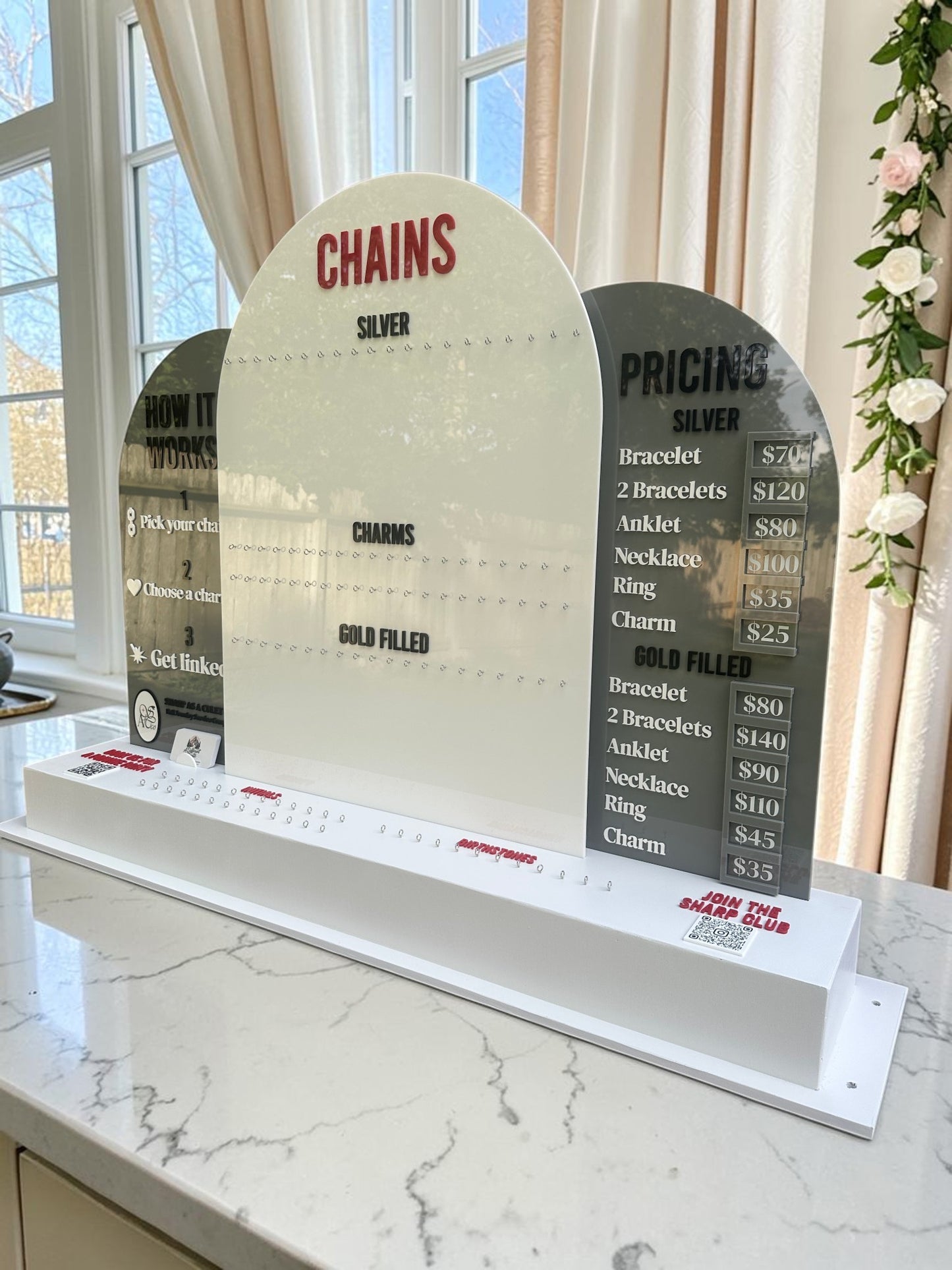 Large Permanent Jewelry Display Stand with Chain Board,  Interchangeable Pricing & How-It-Works Panels