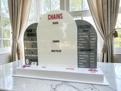 Large Permanent Jewelry Display Stand with Chain Board,  Interchangeable Pricing & How-It-Works Panels