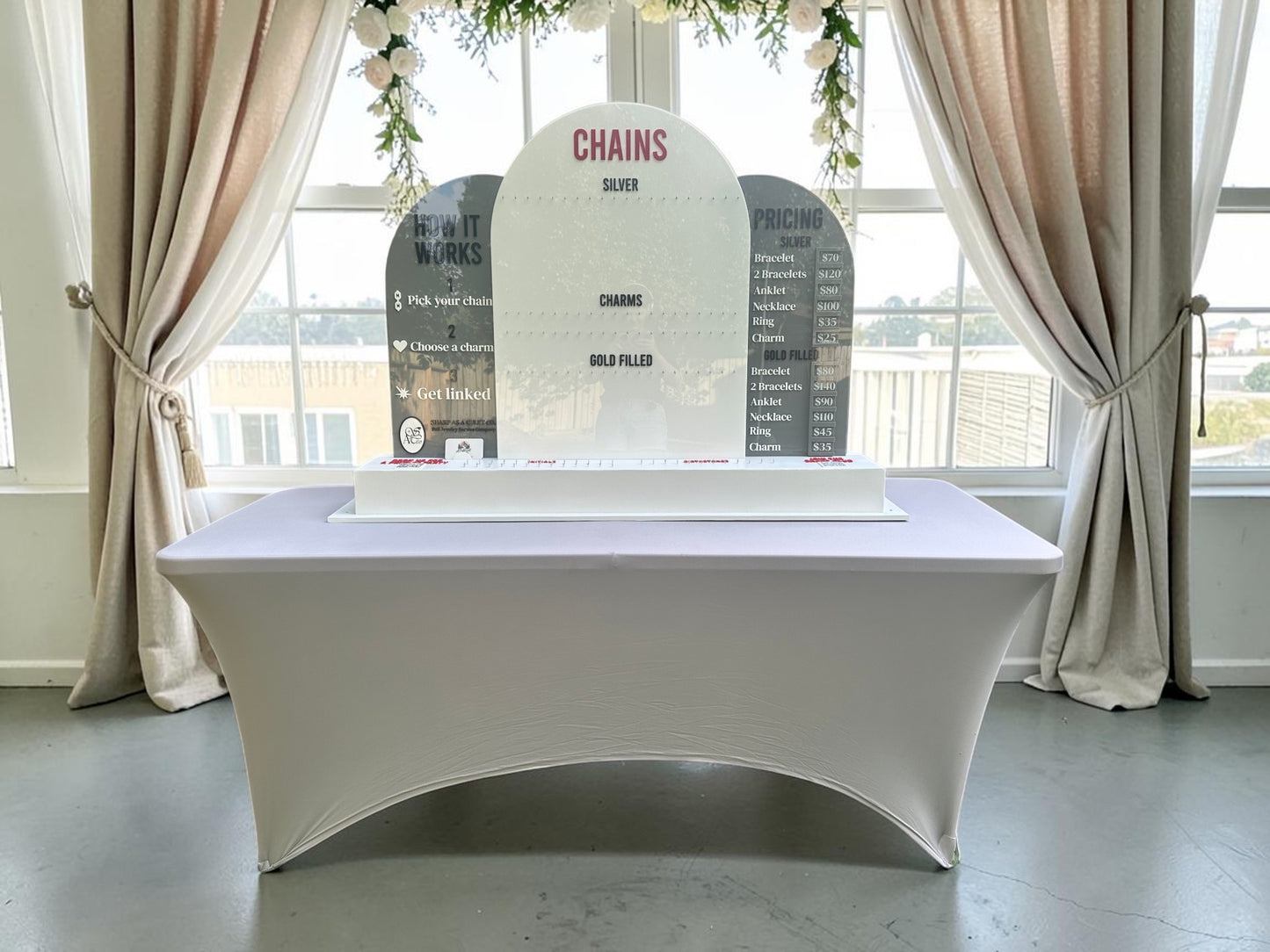 Large Permanent Jewelry Display Stand with Chain Board,  Interchangeable Pricing & How-It-Works Panels