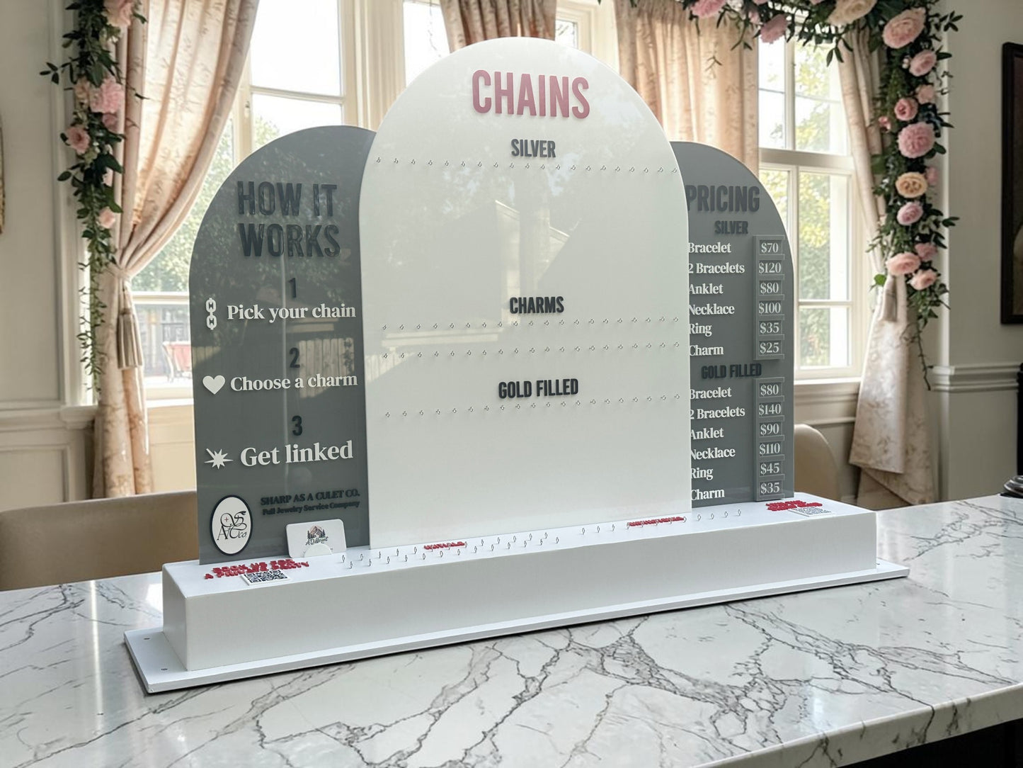 Large Permanent Jewelry Display Stand with Chain Board,  Interchangeable Pricing & How-It-Works Panels