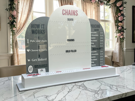 Large Permanent Jewelry Display Stand with Chain Board,  Interchangeable Pricing & How-It-Works Panels