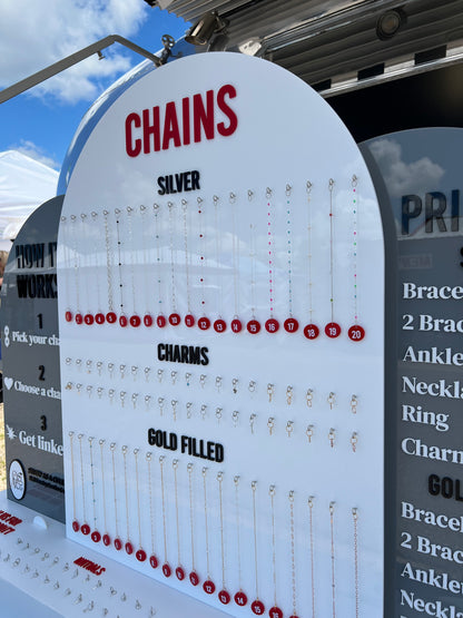 Large Permanent Jewelry Display Stand with Chain Board,  Interchangeable Pricing & How-It-Works Panels