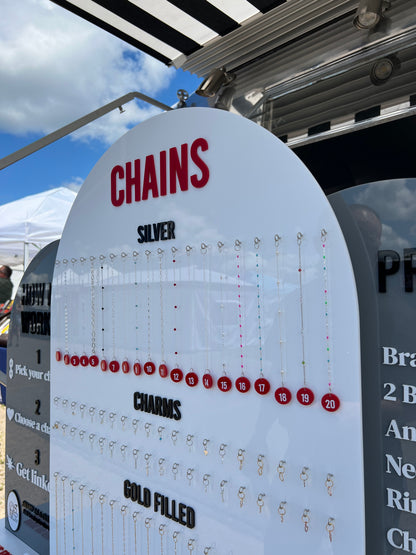 Large Permanent Jewelry Display Stand with Chain Board,  Interchangeable Pricing & How-It-Works Panels