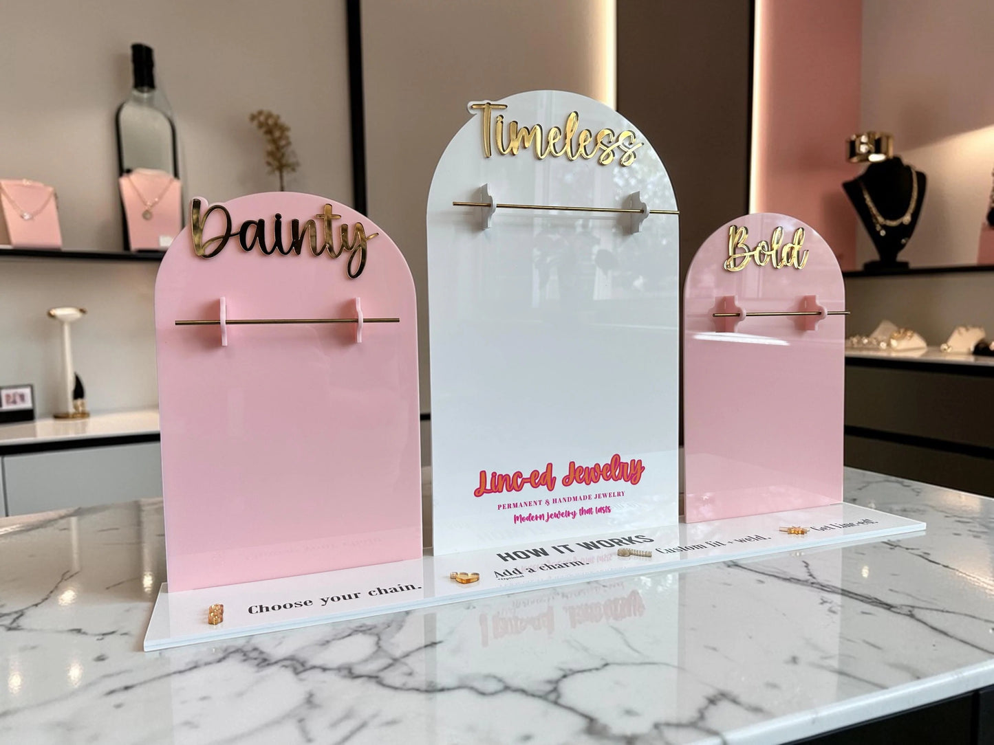 Arched Acrylic Permanent Jewelry Display Stand for Pop-Up Booths