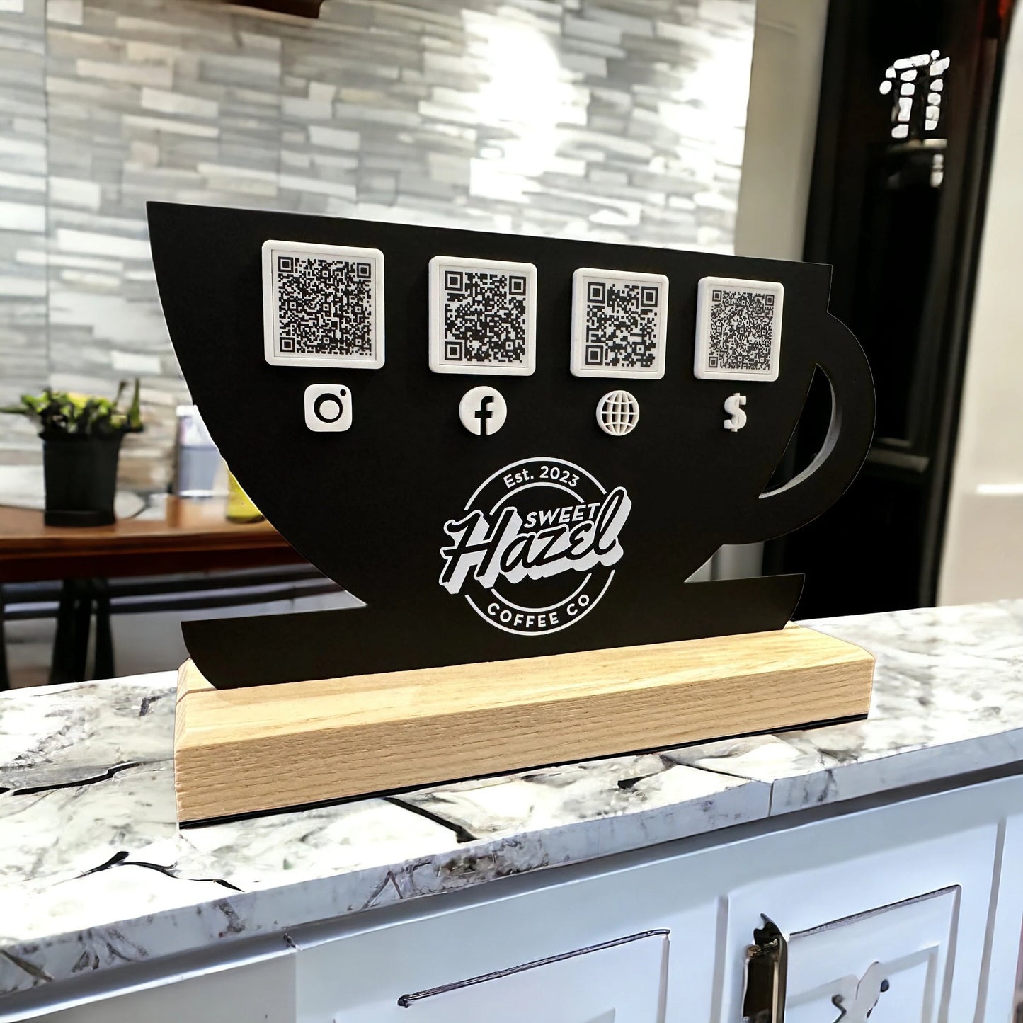 Custom QR Code Coffee Cup Sign, Hardwood Base, Vendor Events