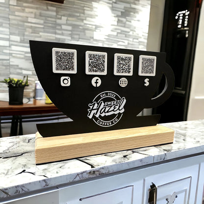 Custom QR Code Coffee Cup Sign, Hardwood Base, Vendor Events
